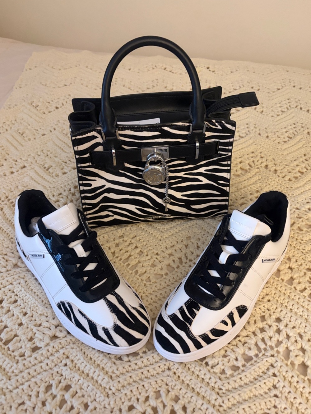 Zebra Print Handbag and Sneakers Set - Black & White